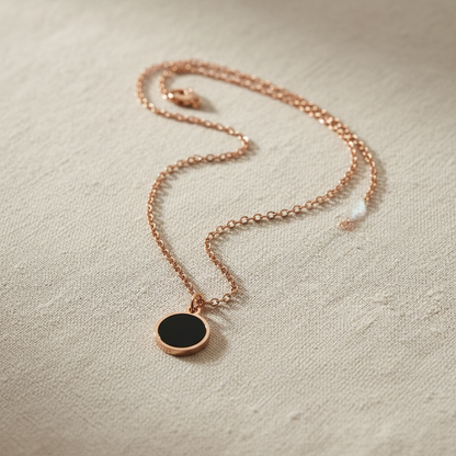 Rose Gold Oval Black Stone Chain Pendant Necklace for Women