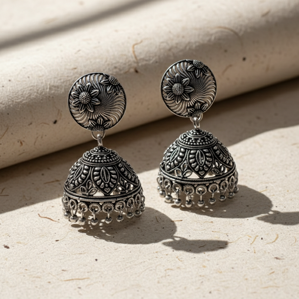 Oxidised Silver Antique Round Stud Dome Drop Ethnic Earrings