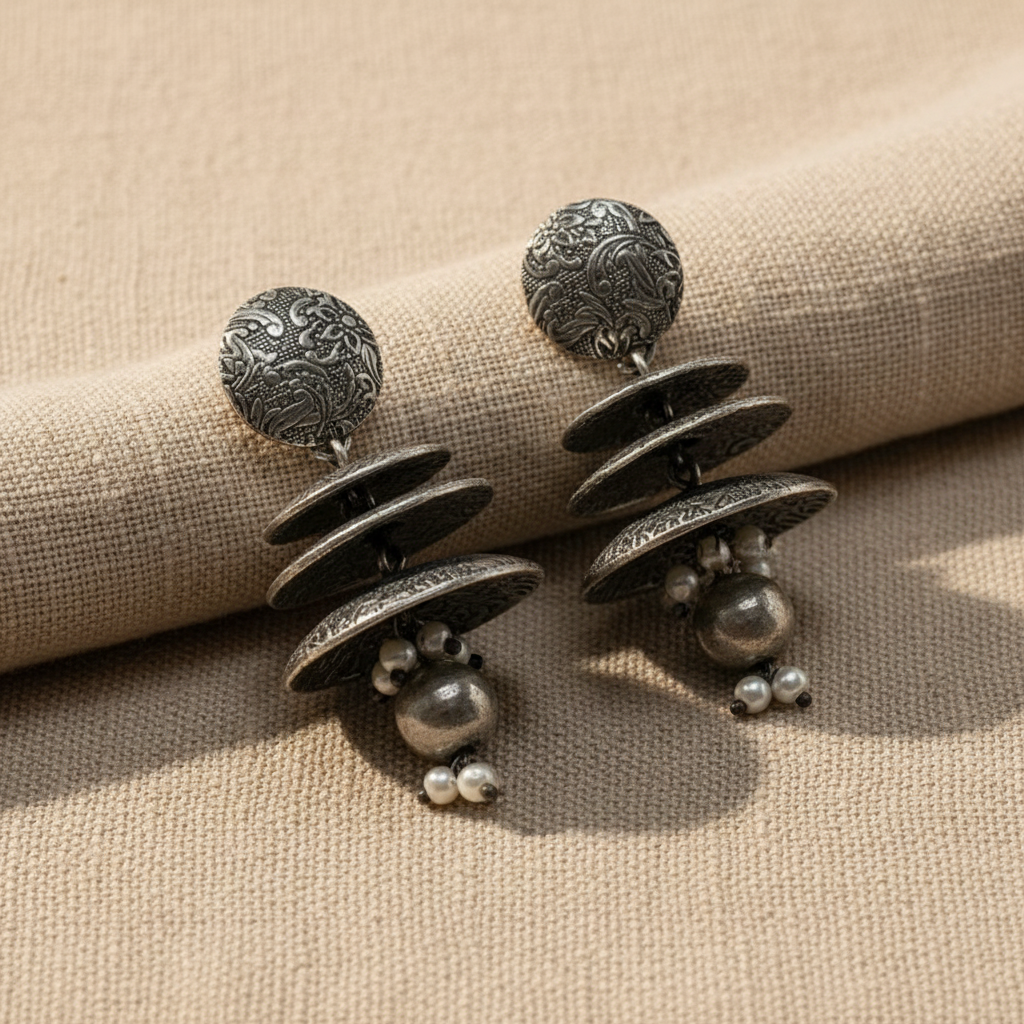 German Silver Layered Disc Drop Earrings for Women
