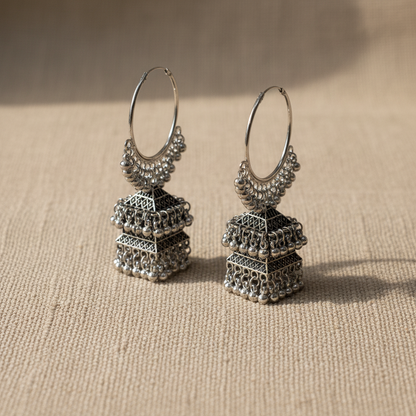Oxidised Silver Hoop Jhumka Earrings for Women
