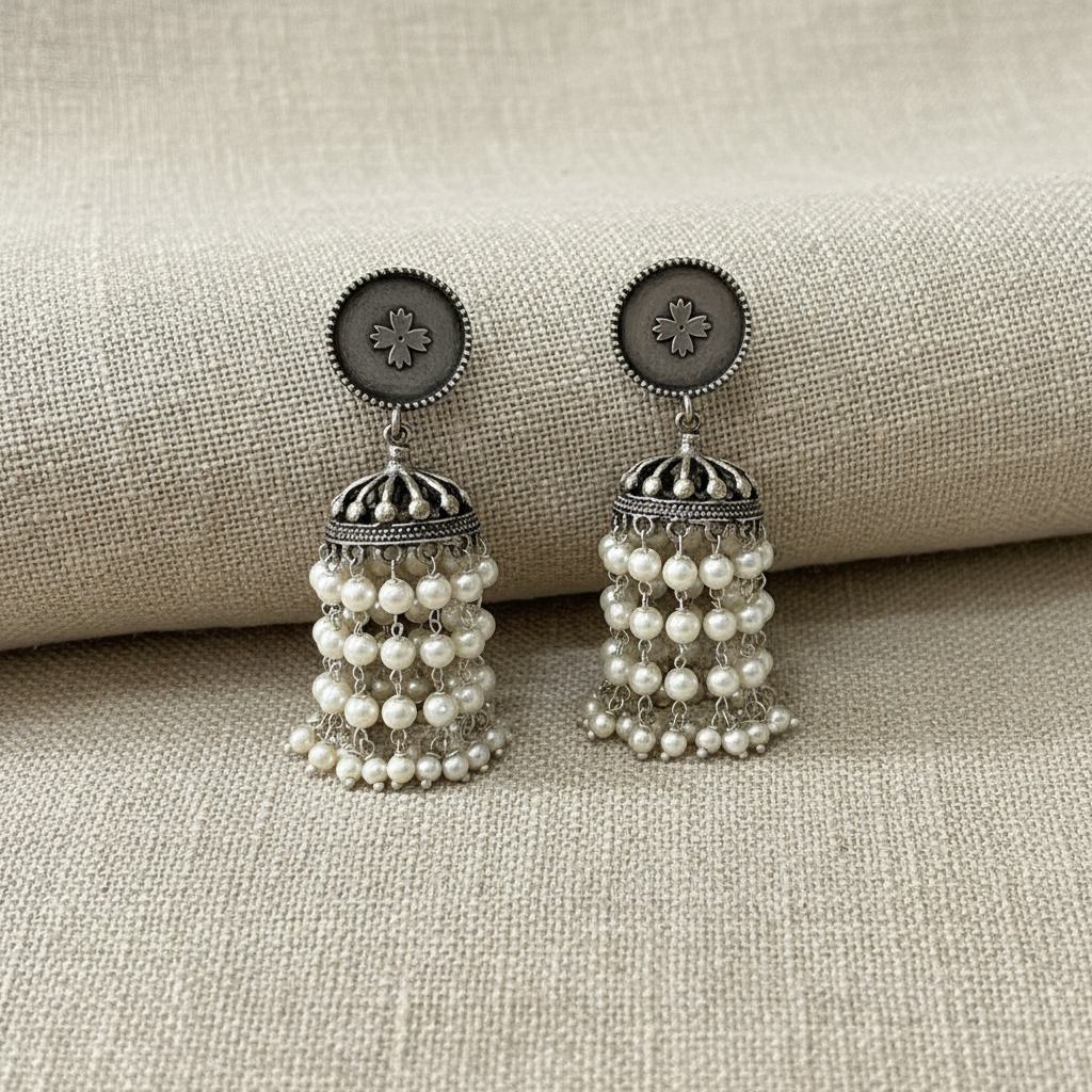 German Silver Pearl Jhumka Earrings for Women