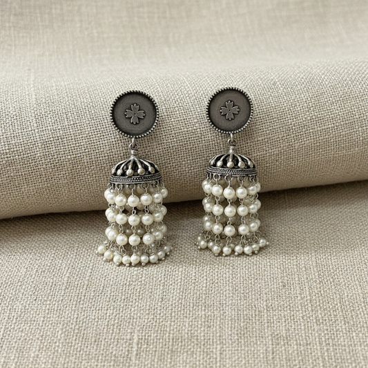 German Silver Pearl Jhumka Earrings for Women