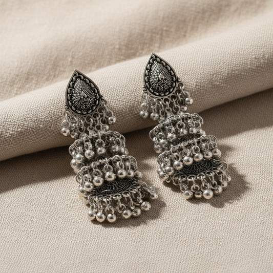 Oxidised Silver Layered Jhumka Earrings for Women