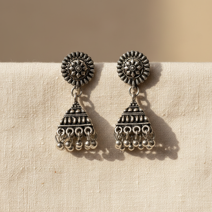 Oxidised Silver Star Floral Jhumka Earrings for Women