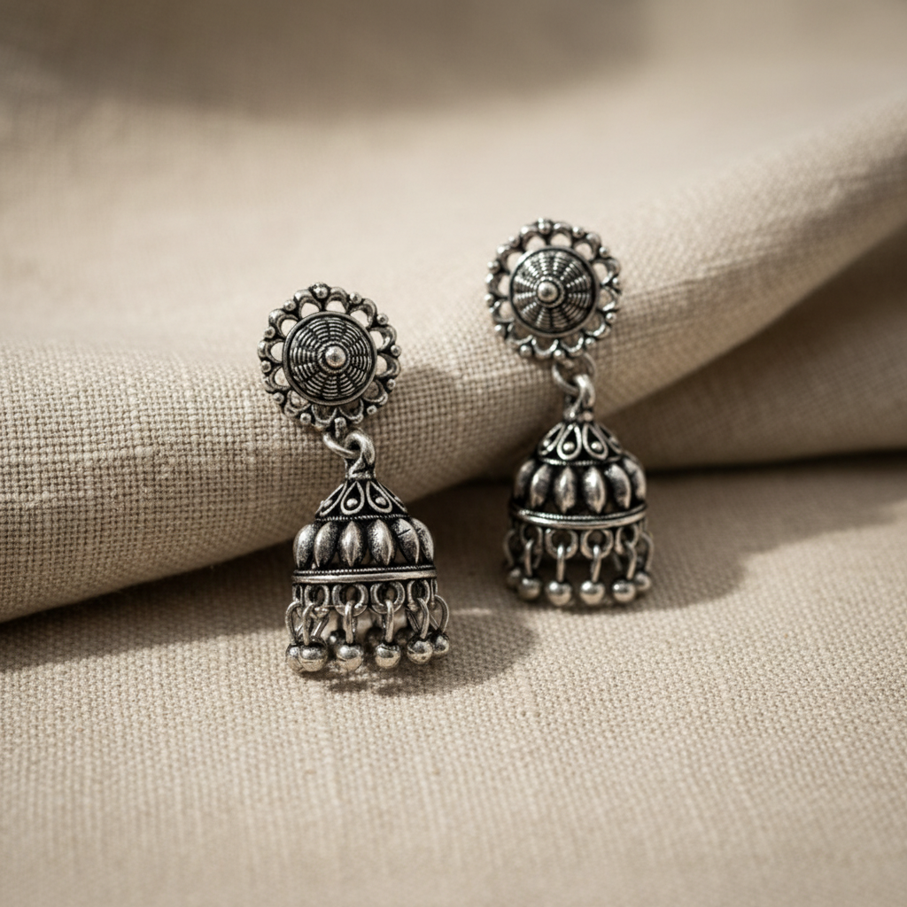 Oxidised Silver Traditional Jhumka Earrings for Women