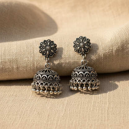 Oxidised Silver Mandala Jhumka Earrings for Women