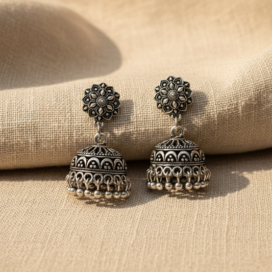 Oxidised Silver Mandala Jhumka Earrings for Women