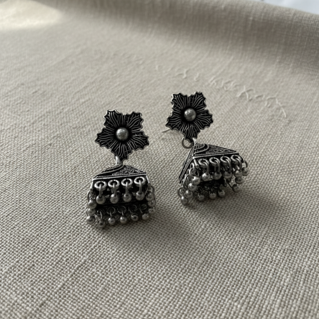 Oxidised Silver Floral Jhumka Earrings for Women