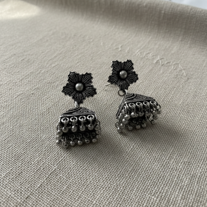 Oxidised Silver Floral Jhumka Earrings for Women