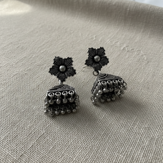 Oxidised Silver Floral Jhumka Earrings for Women