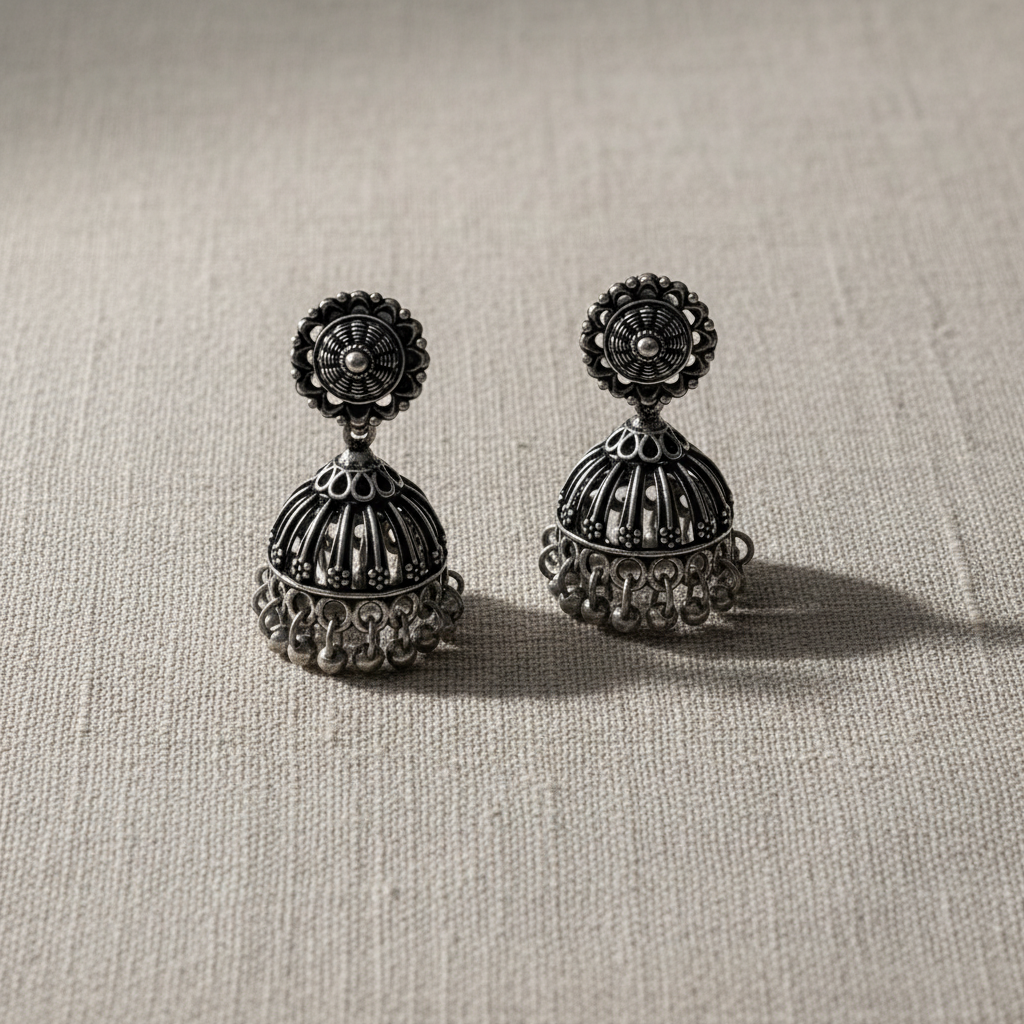 Oxidised Silver Floral Jhumka Earrings for Women