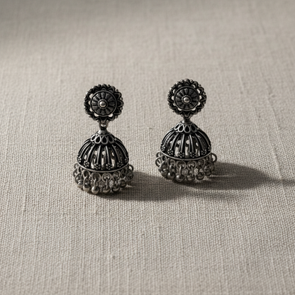 Oxidised Silver Floral Jhumka Earrings for Women