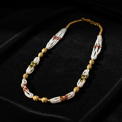 Traditional Pearl Beaded Gold Accent Mala Necklace for Women