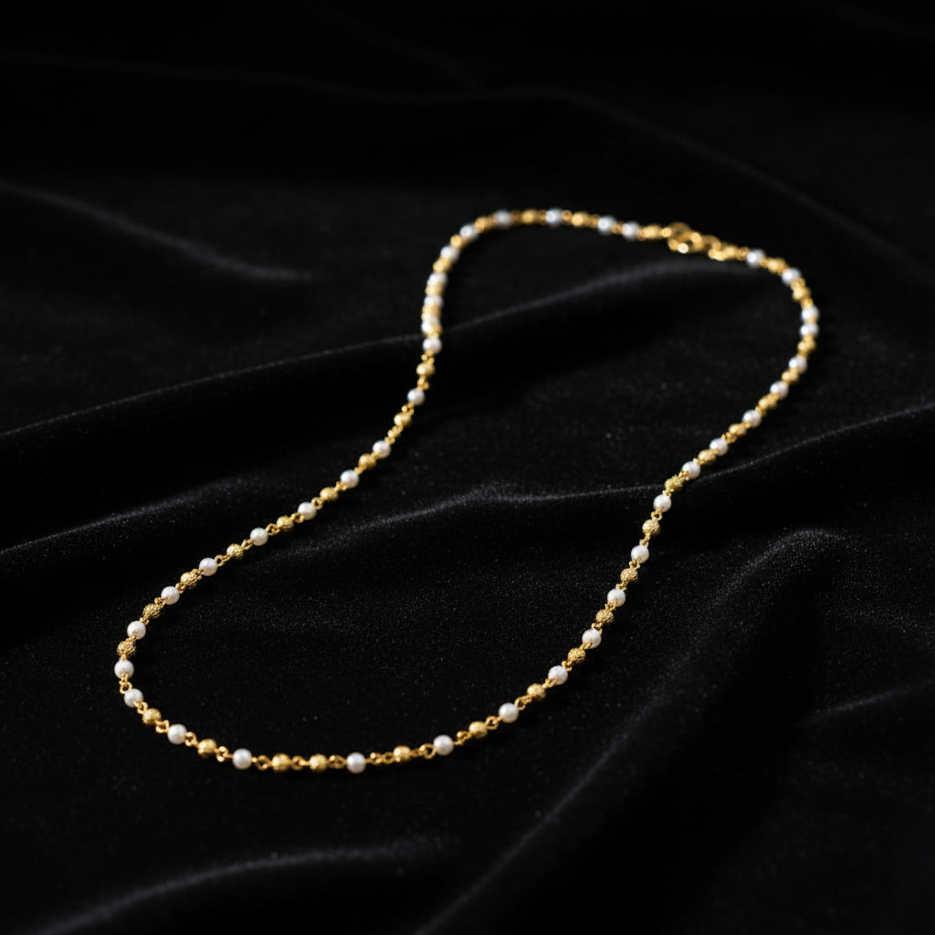 Traditional Gold Beaded Pearl Minimal Mala Necklace for Women