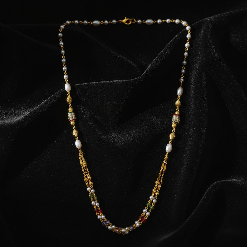 Traditional Gold Tone Pearl Beaded Mala Necklace for Women