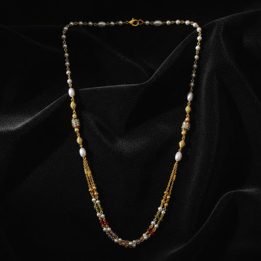 Traditional Gold Tone Pearl Beaded Mala Necklace for Women