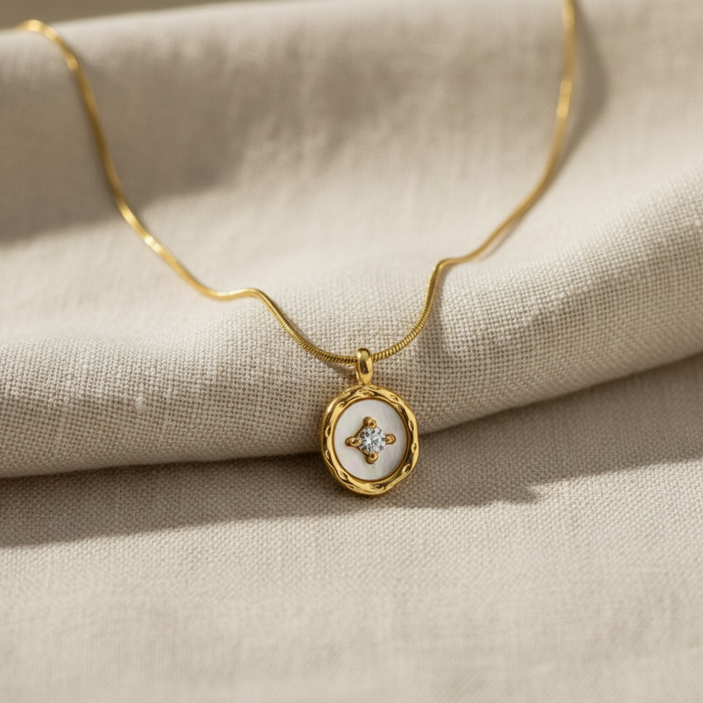 Gold Oval Pendant Necklace with Crystal Detail for Women