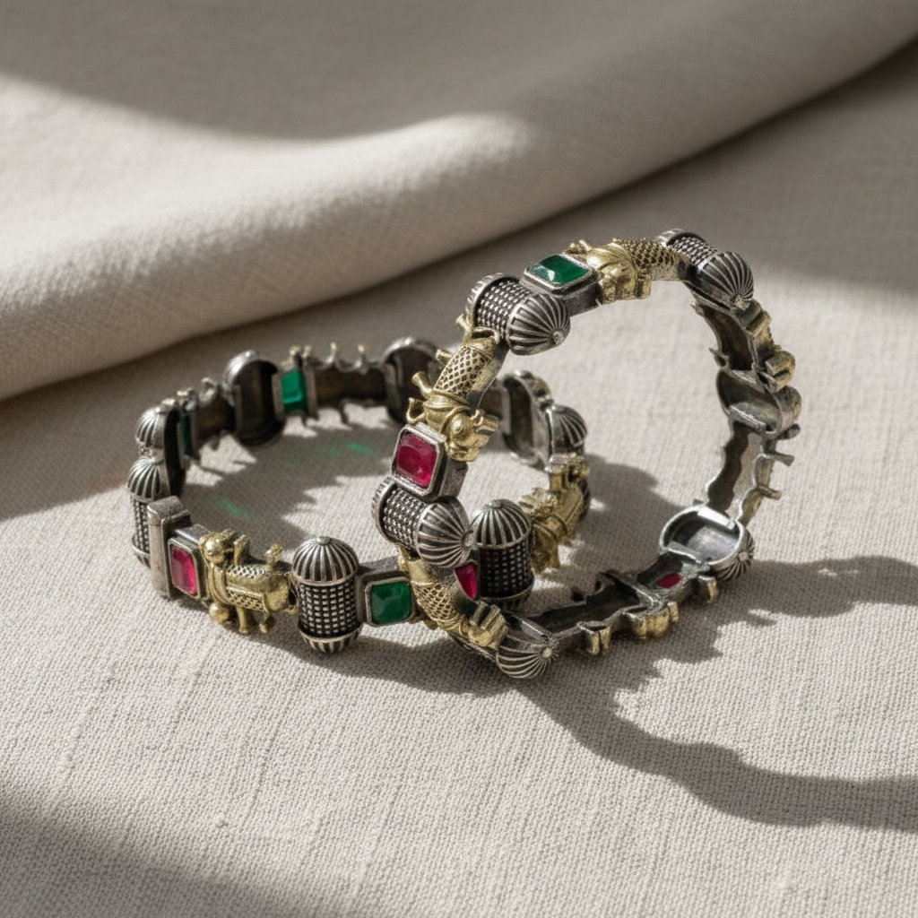 Vintage Oxidised German Silver Cow Bangles for Women