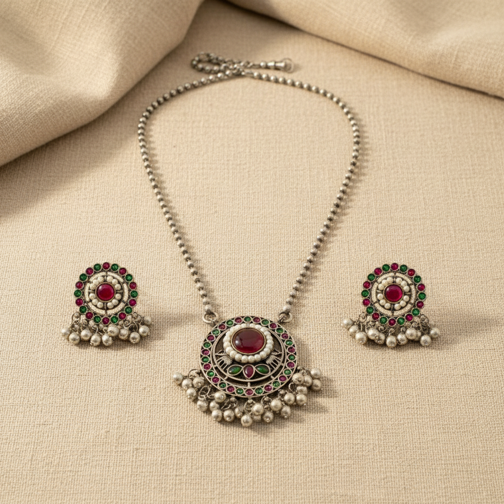 Oxidised German Silver Pendant Necklace Set for Women