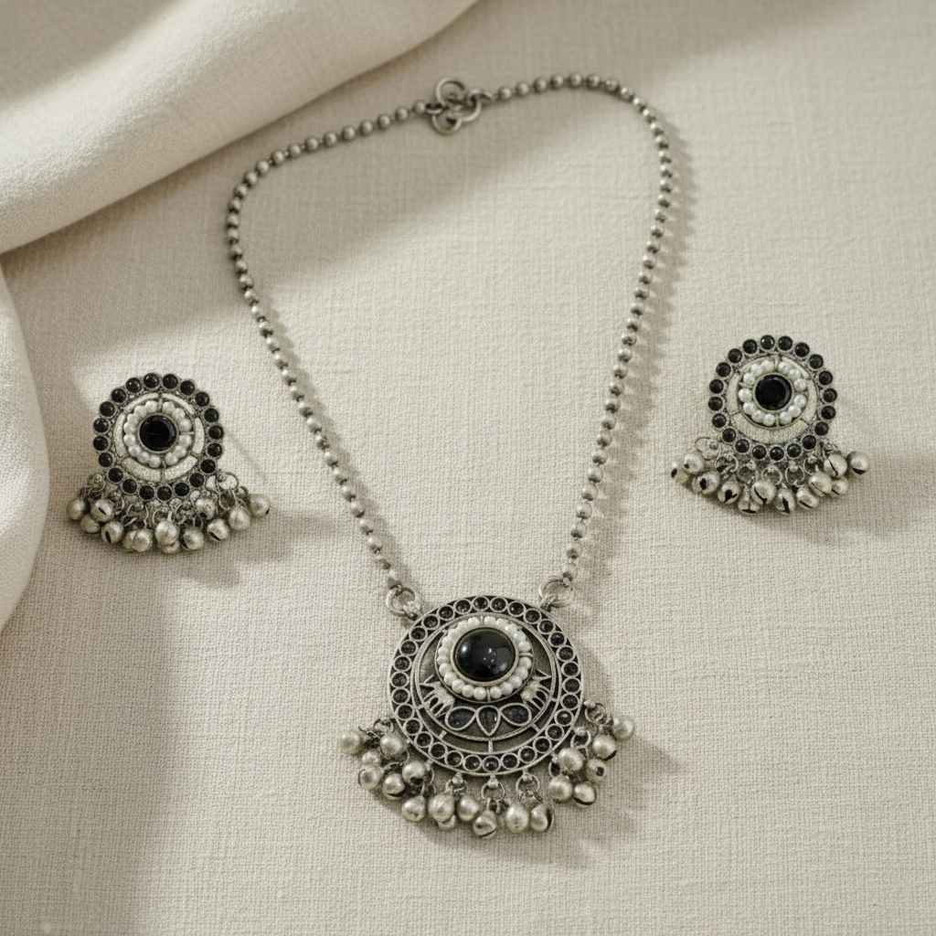 Oxidised German Silver Pendant Necklace Set for Women