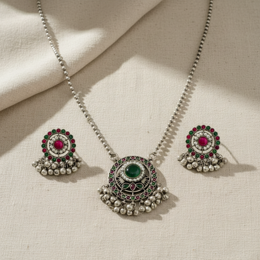 Oxidised German Silver Pendant Necklace Set for Women