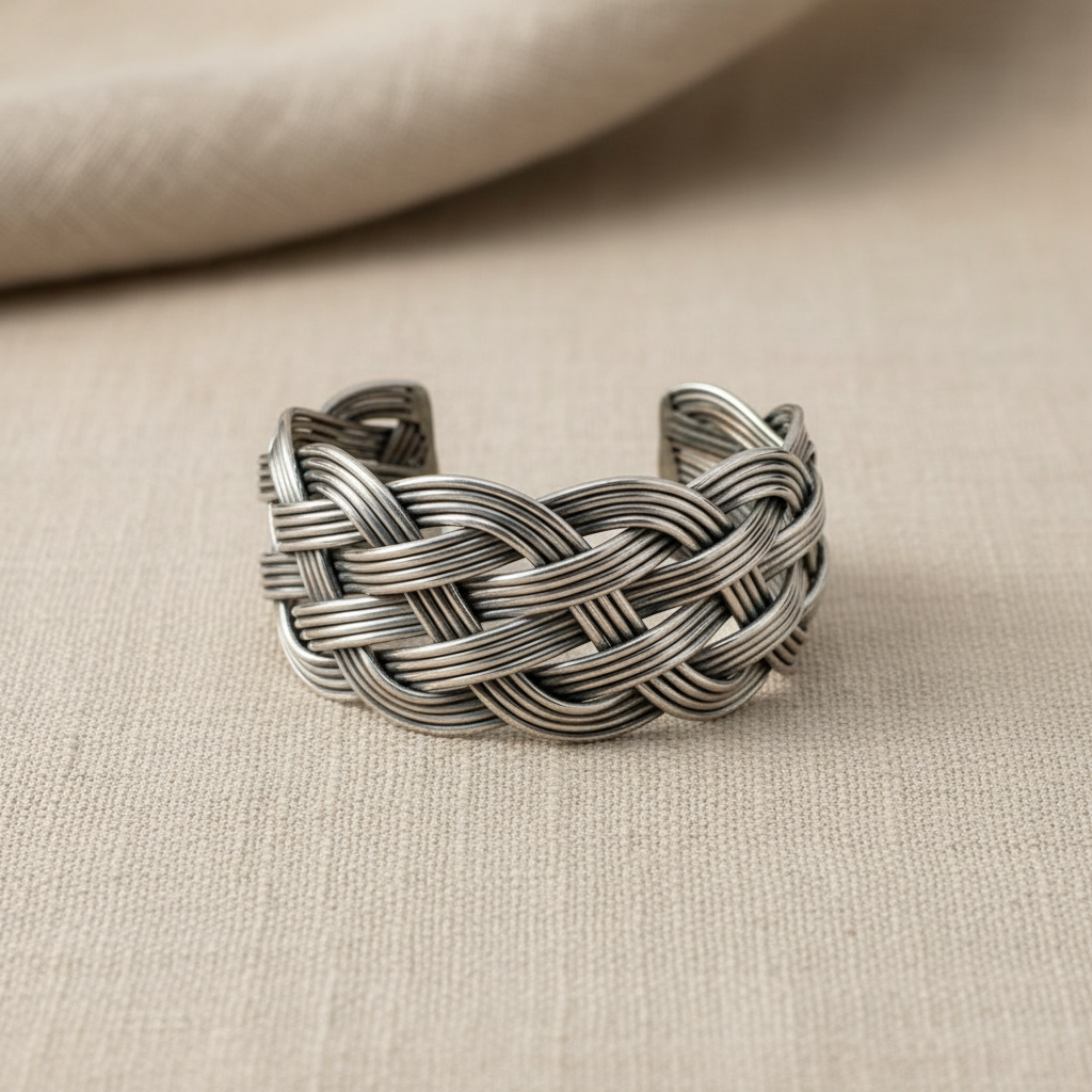 Braided Silver Statement Kada Bracelet for Women