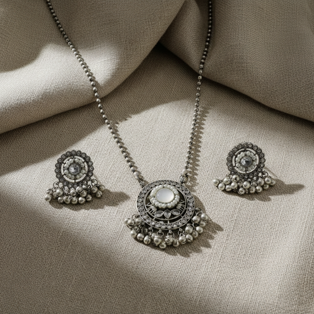 Oxidised German Silver Pendant Necklace Set for Women