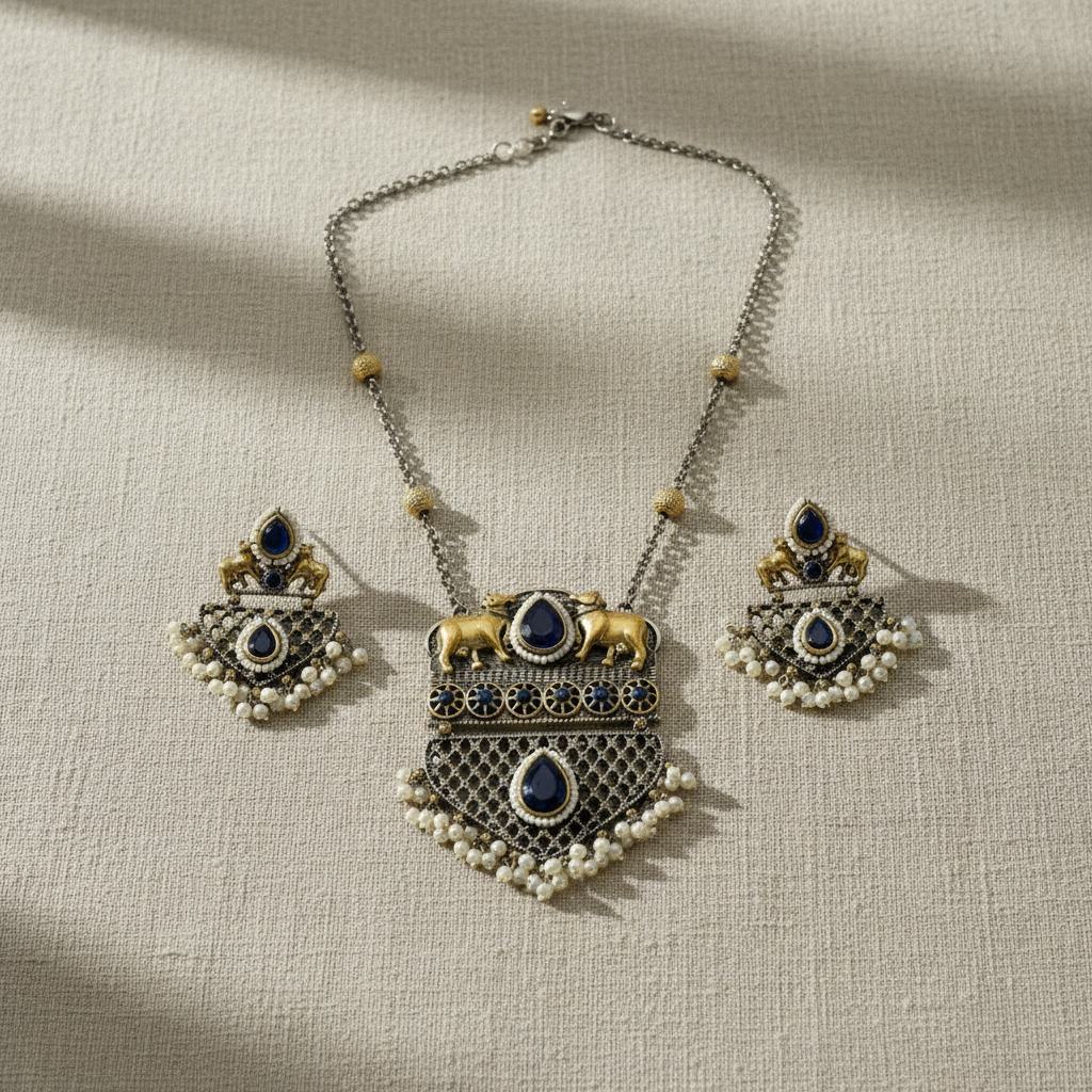 Oxidised German Silver Elephant Pendant Necklace Set for Women
