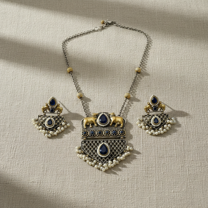 Oxidised German Silver Elephant Pendant Necklace Set for Women