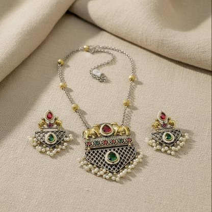 Oxidised German Silver Elephant Pendant Necklace Set for Women