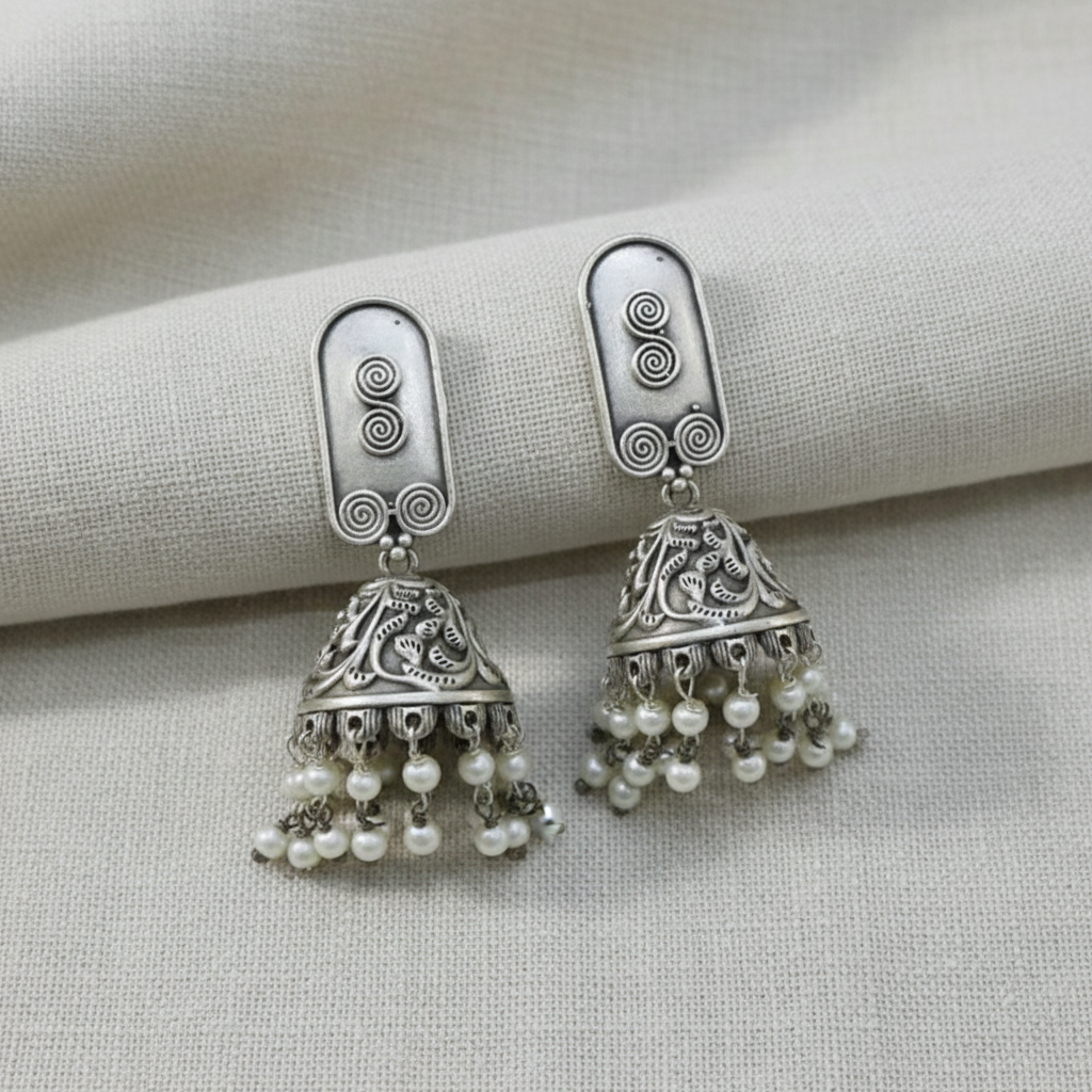Oxidised German Silver Jhumka Earrings with Pearl Drops for Women