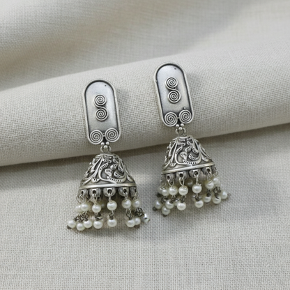 Oxidised German Silver Jhumka Earrings with Pearl Drops for Women