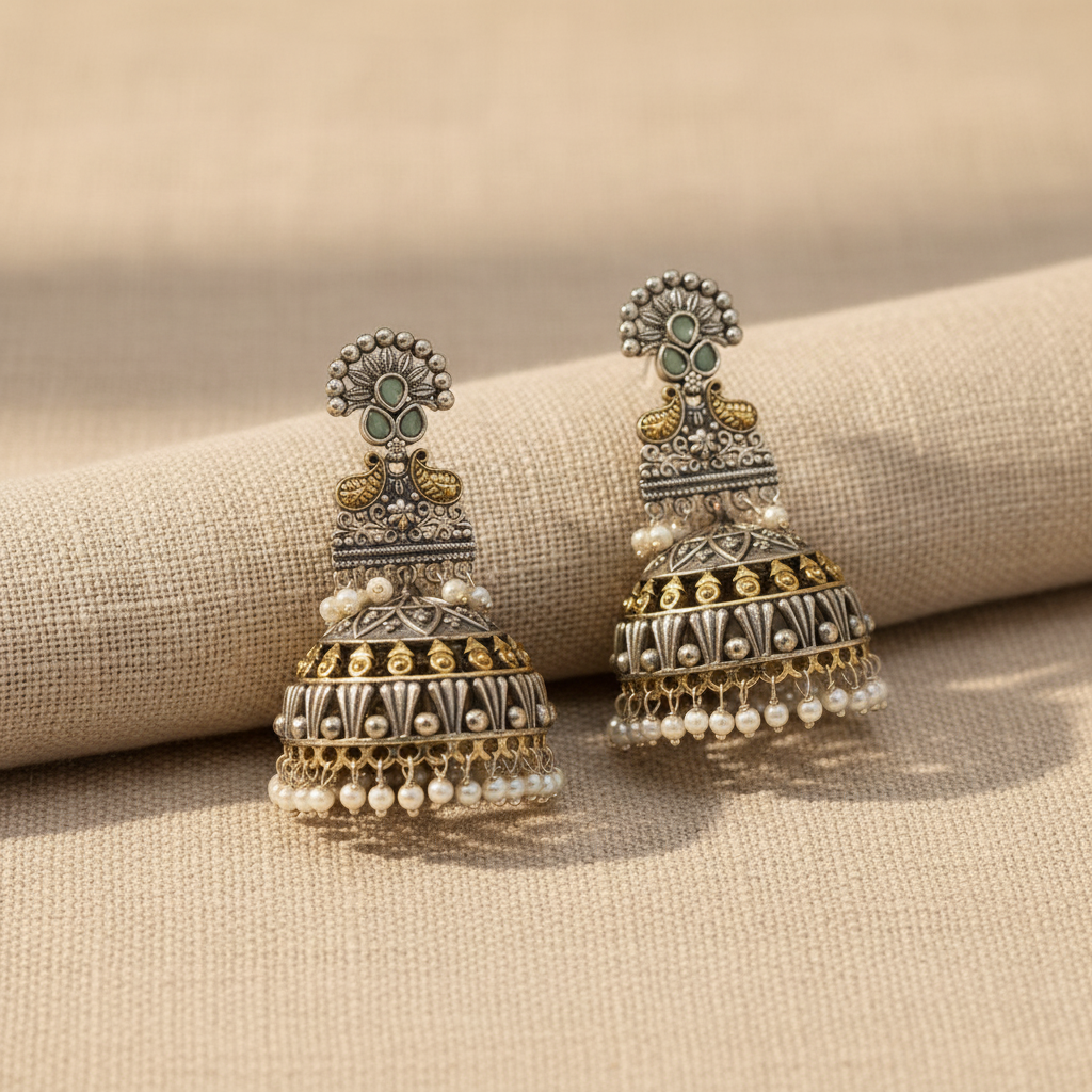 Oxidised German Silver Long Jhumka Earrings with Pearl Drops