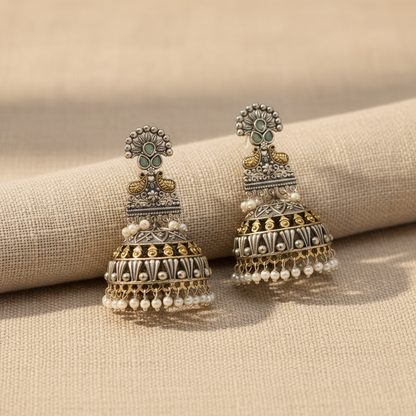 Oxidised German Silver Long Jhumka Earrings with Pearl Drops
