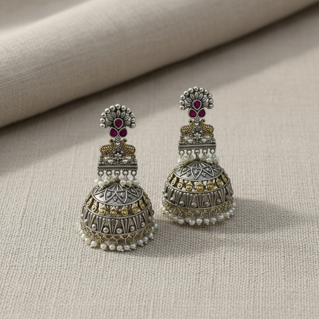 Oxidised German Silver Long Jhumka Earrings with Pearl Drops