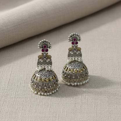 Oxidised German Silver Long Jhumka Earrings with Pearl Drops