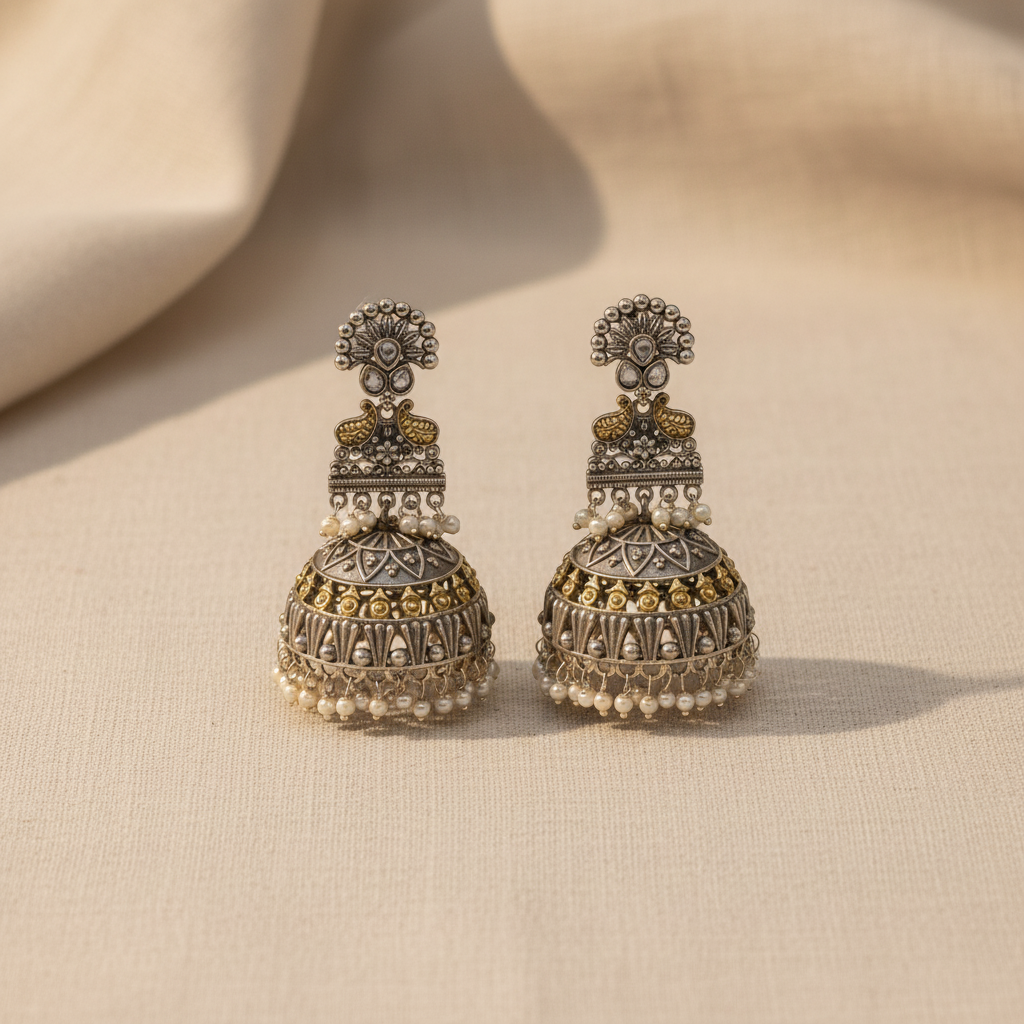 Oxidised German Silver Long Jhumka Earrings with Pearl Drops
