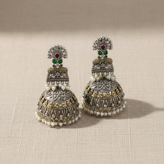 Oxidised German Silver Long Jhumka Earrings with Pearl Drops