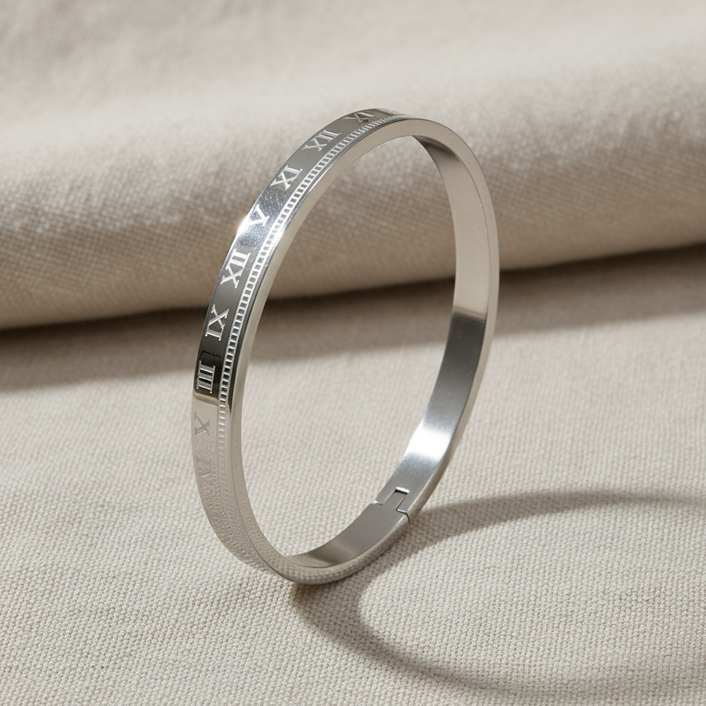 Silver Roman Numeral Engraved Kada Bracelet for Women