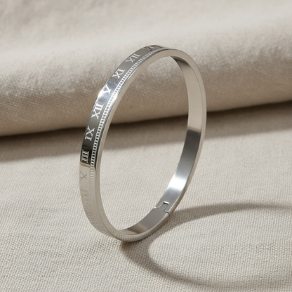 Silver Roman Numeral Engraved Kada Bracelet for Women