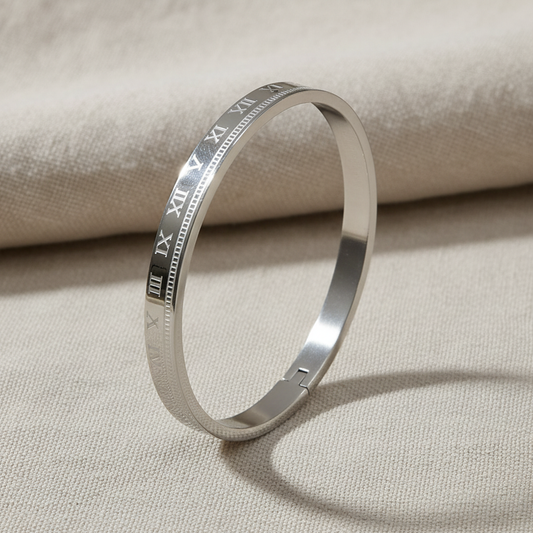 Silver Roman Numeral Engraved Kada Bracelet for Women