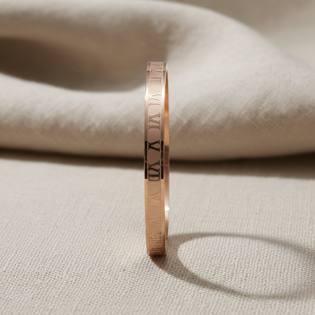 Rose Gold Roman Numeral Engraved Kada Bracelet for Women