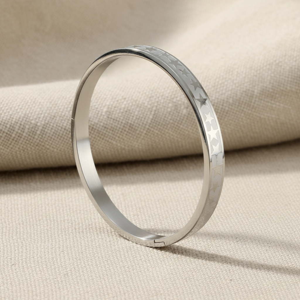 Silver Star Engraved Slim Kada Bracelet for Women