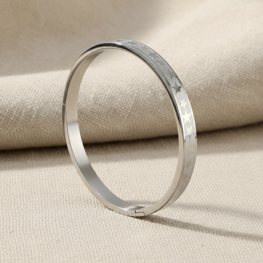 Silver Star Engraved Slim Kada Bracelet for Women