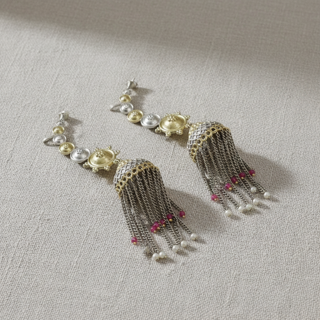 Oxidised German Silver Tassel Earrings with Pearl Drops
