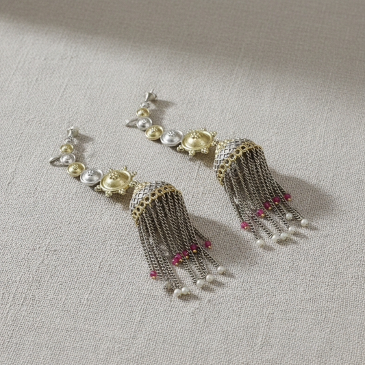 Oxidised German Silver Tassel Earrings with Pearl Drops