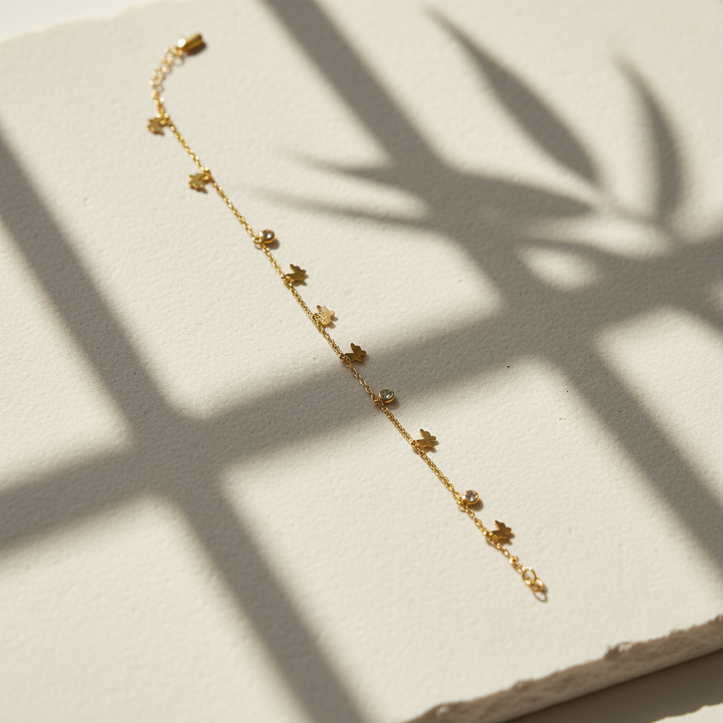 Dainty Gold Butterfly Charm Bracelet with Zircon Stones