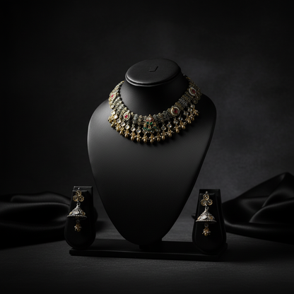 German Silver Oxidised Kundan Choker Necklace