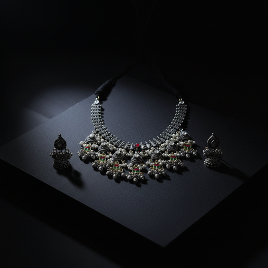 Heavy Oxidised German Silver Tribal Necklace with Pearl Drops