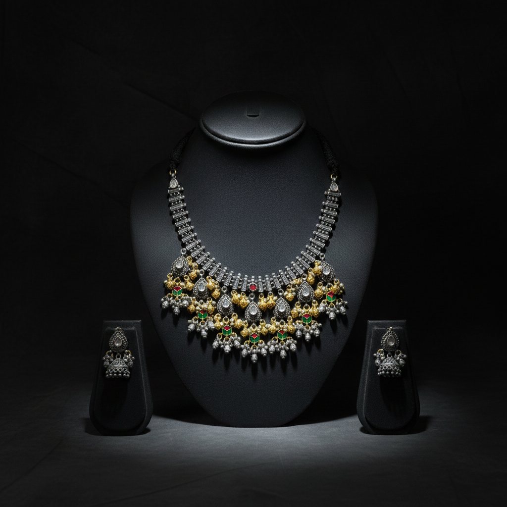Heavy Oxidised German Silver Tribal Necklace with Pearl Drops